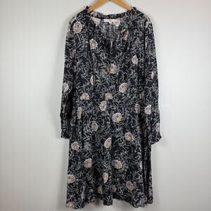 Loft Plus Floral Dress Womens 18 Black Multi Tie Neck Elastic Waist Cottage Boho